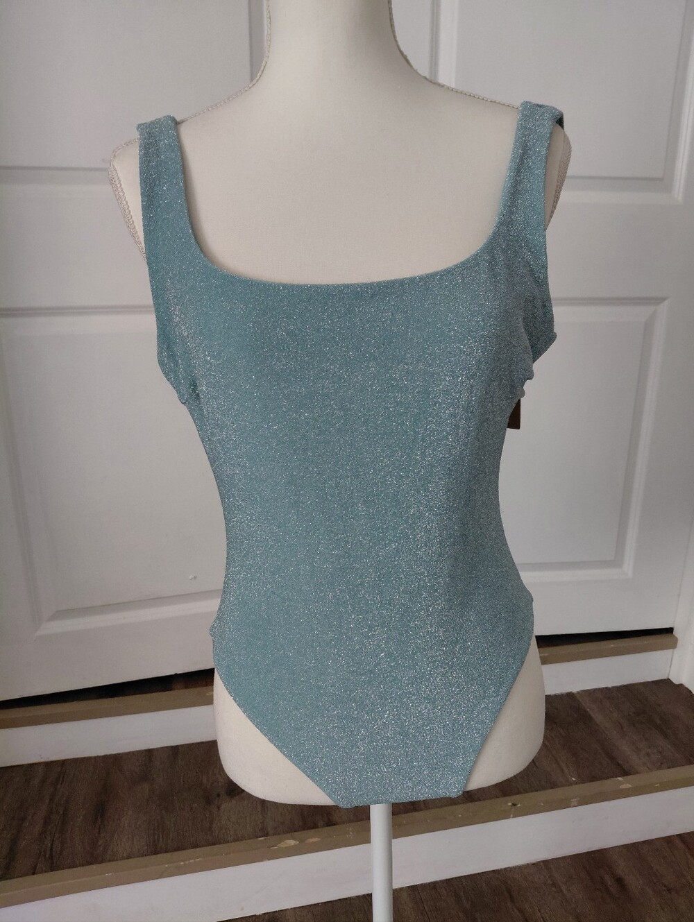 BERLOOK Sparkley Teal Blue One Piece Scoop Neck Backless High Cut LG Swimsuit